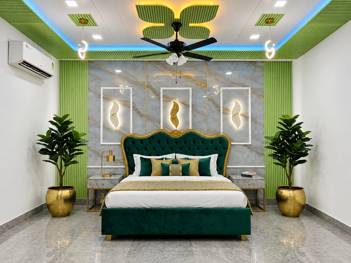 Bedroom with UV marble wall panels and fluted green accents