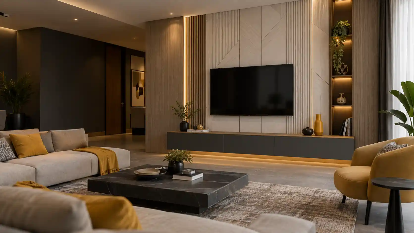 Design inspiration showing a living room feature wall with decorative panels