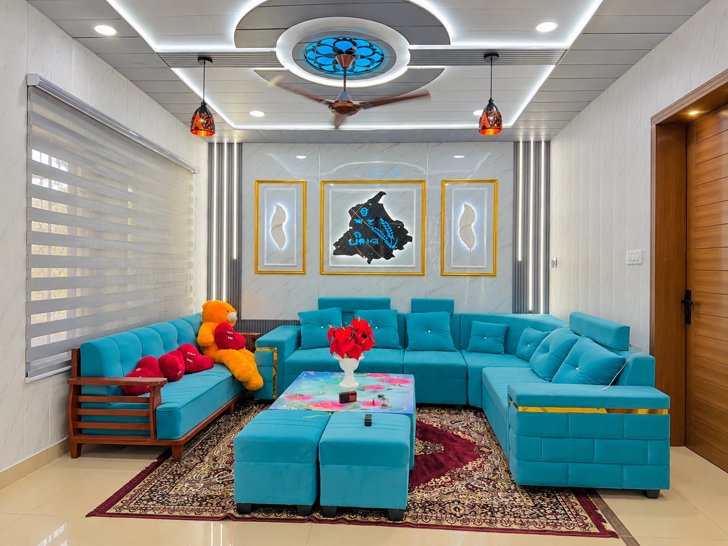 Living room with decorative wall panels and ceiling design