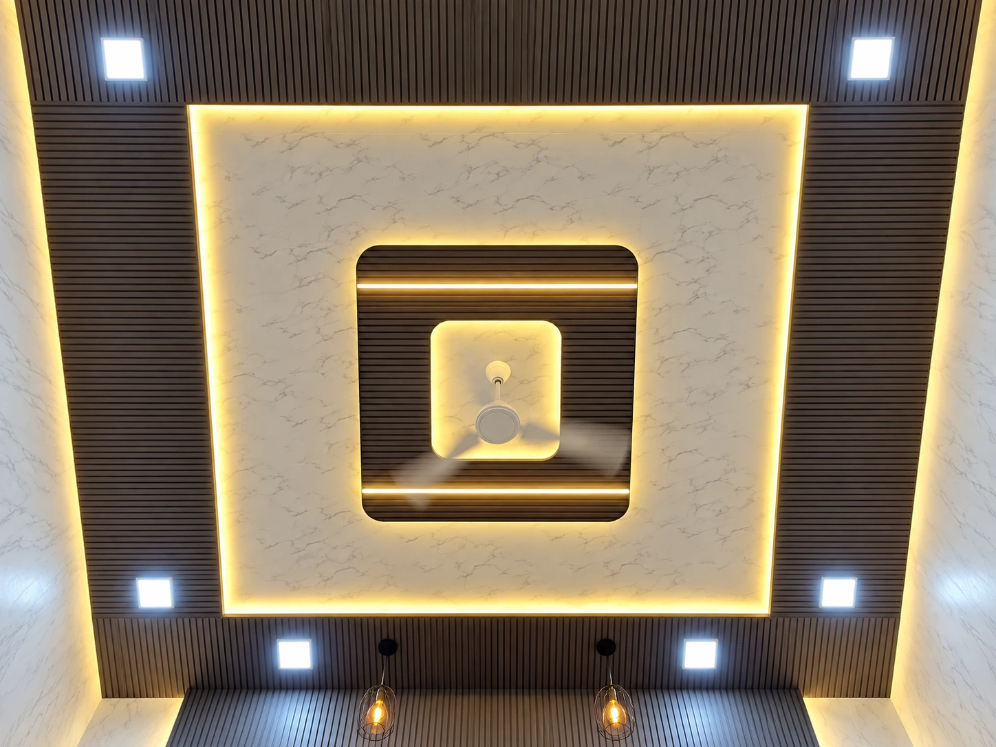 Marble-effect and dark slat PVC down ceiling with recessed lighting