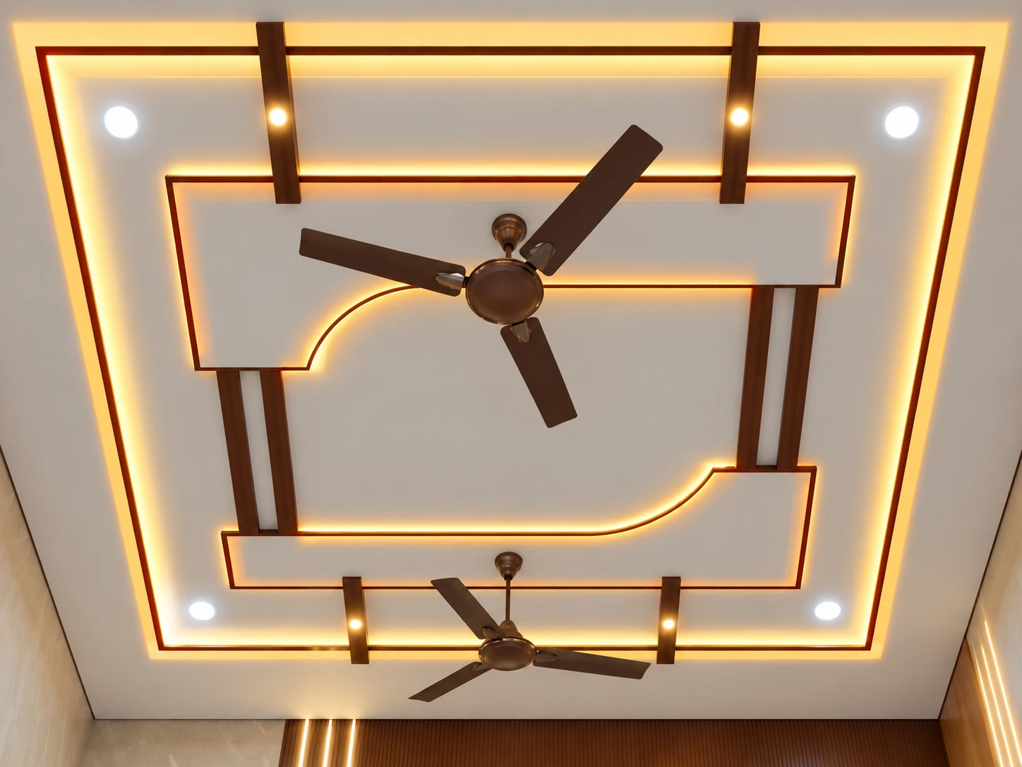 White and warm wood PVC down ceiling with layered LED lighting and fans