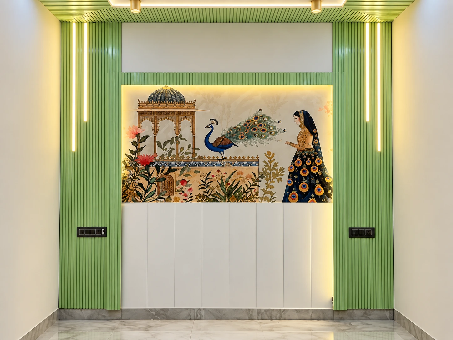 Green fluted wall panels around a decorative art panel