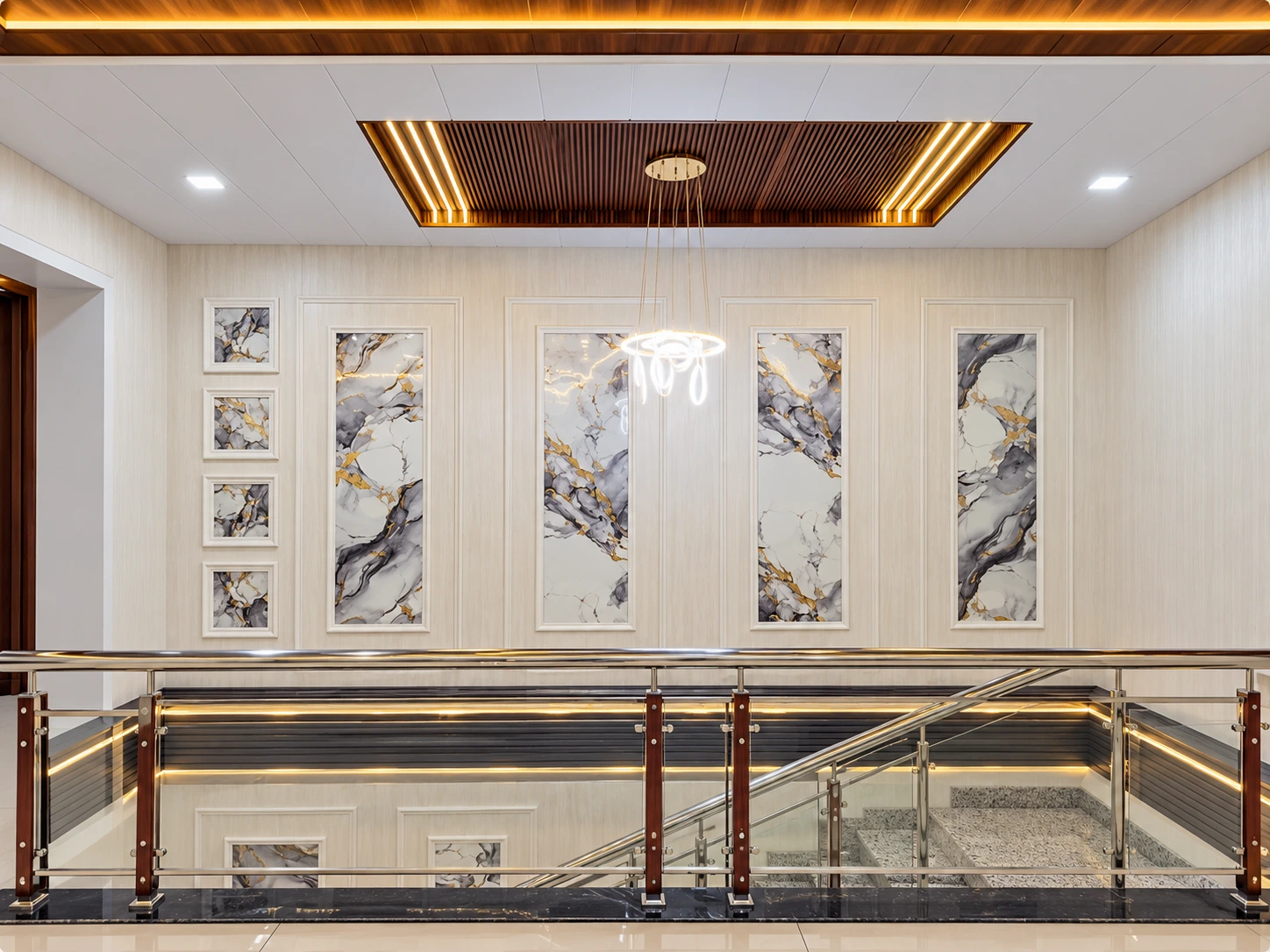 Marble-effect wall panels with framed decorative detailing