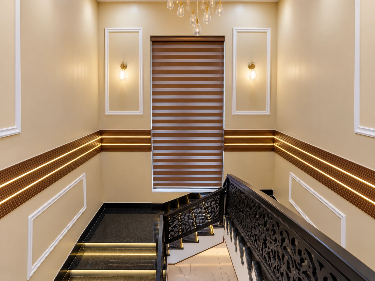 Warm wood louver wall panels along a staircase