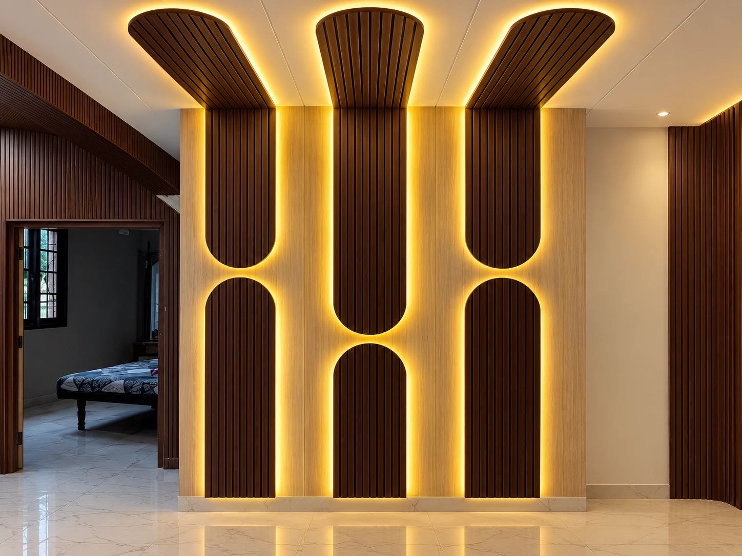 Backlit fluted wall panels with curved decorative shapes