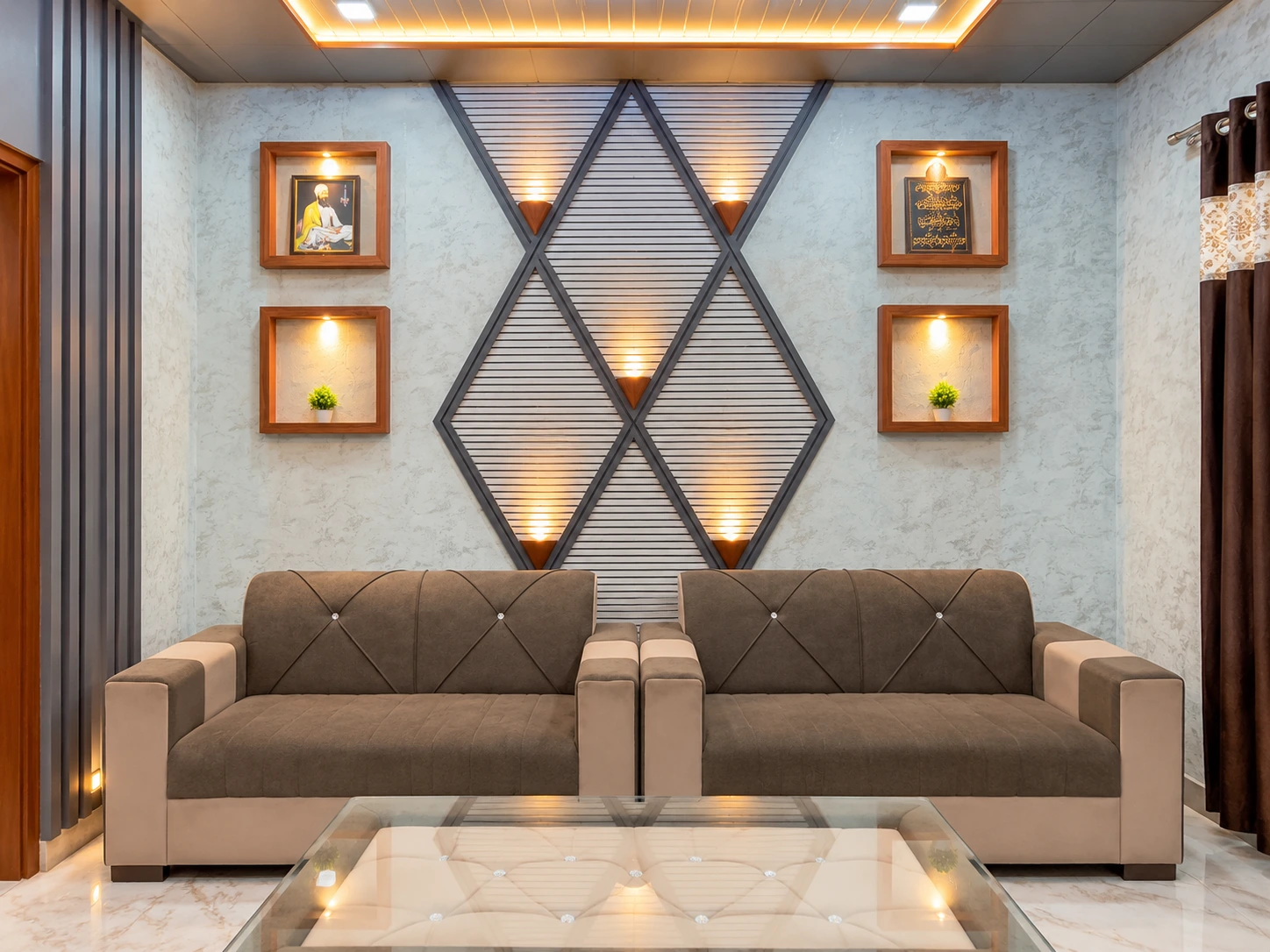 Geometric fluted wall panel feature wall in a living room