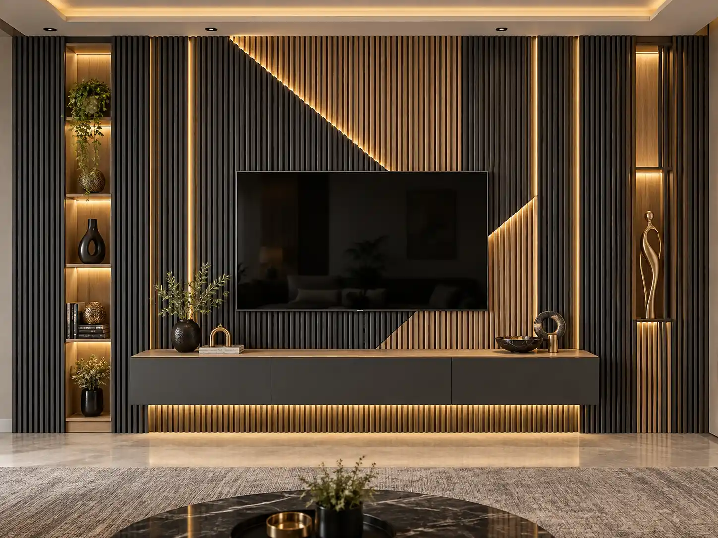 Dark fluted TV wall with diagonal wood-effect panels and warm lighting