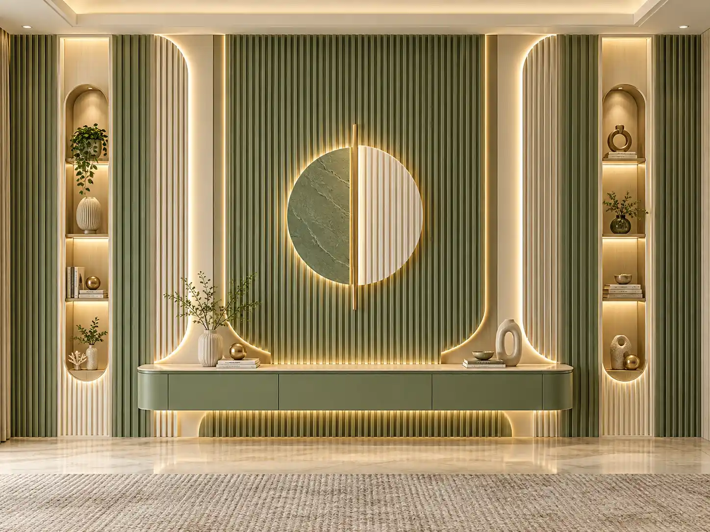 Green fluted feature wall with rounded niches and warm lighting