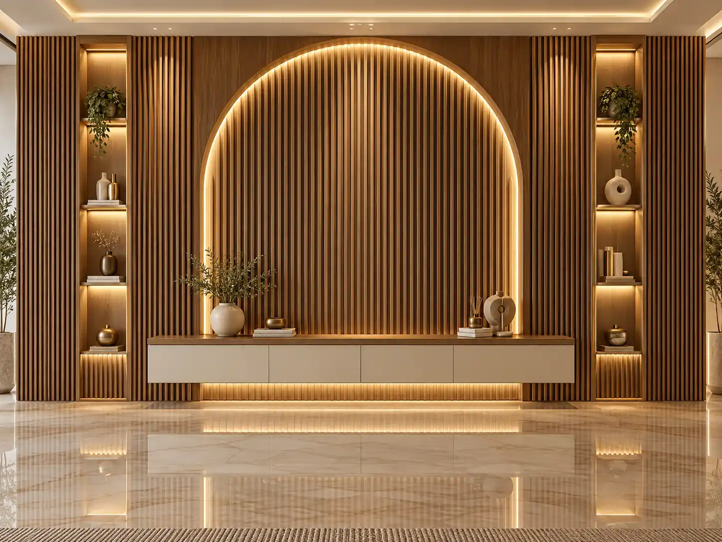 Warm wood louver feature wall with a curved backlit centre