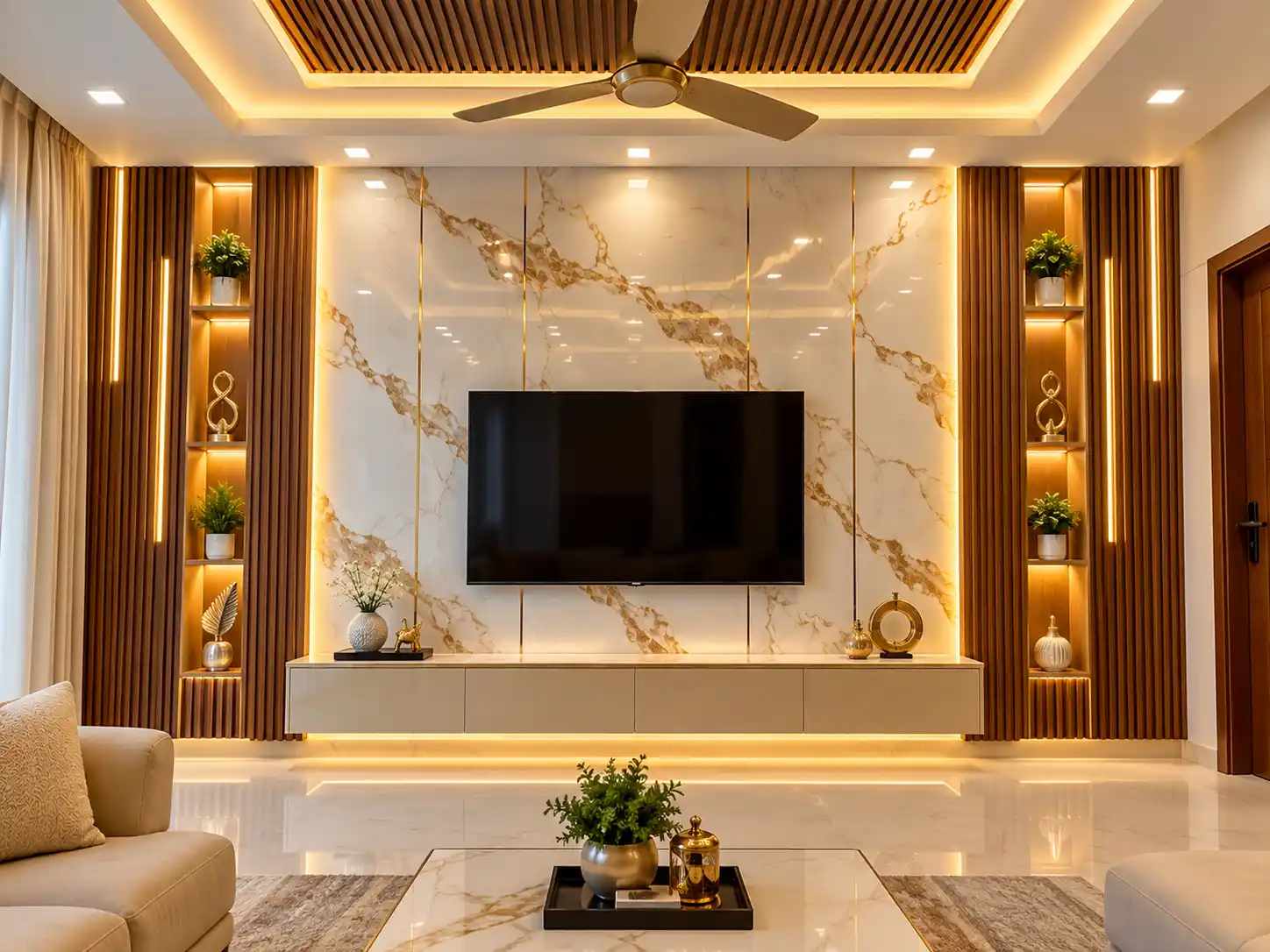 Living room with a fluted and louver wall design around a TV unit