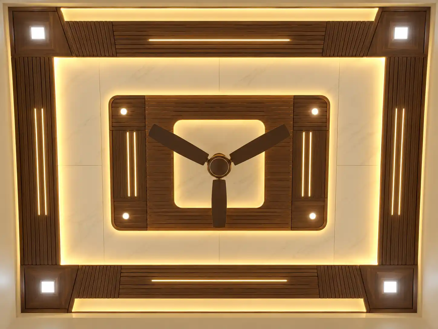 Wood-effect PVC ceiling with framed panels and linear lights