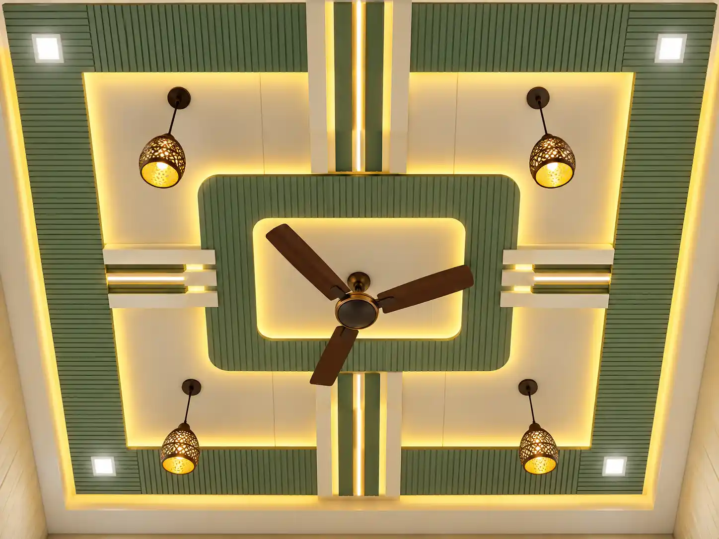Green fluted PVC ceiling with pendant lights and a central fan