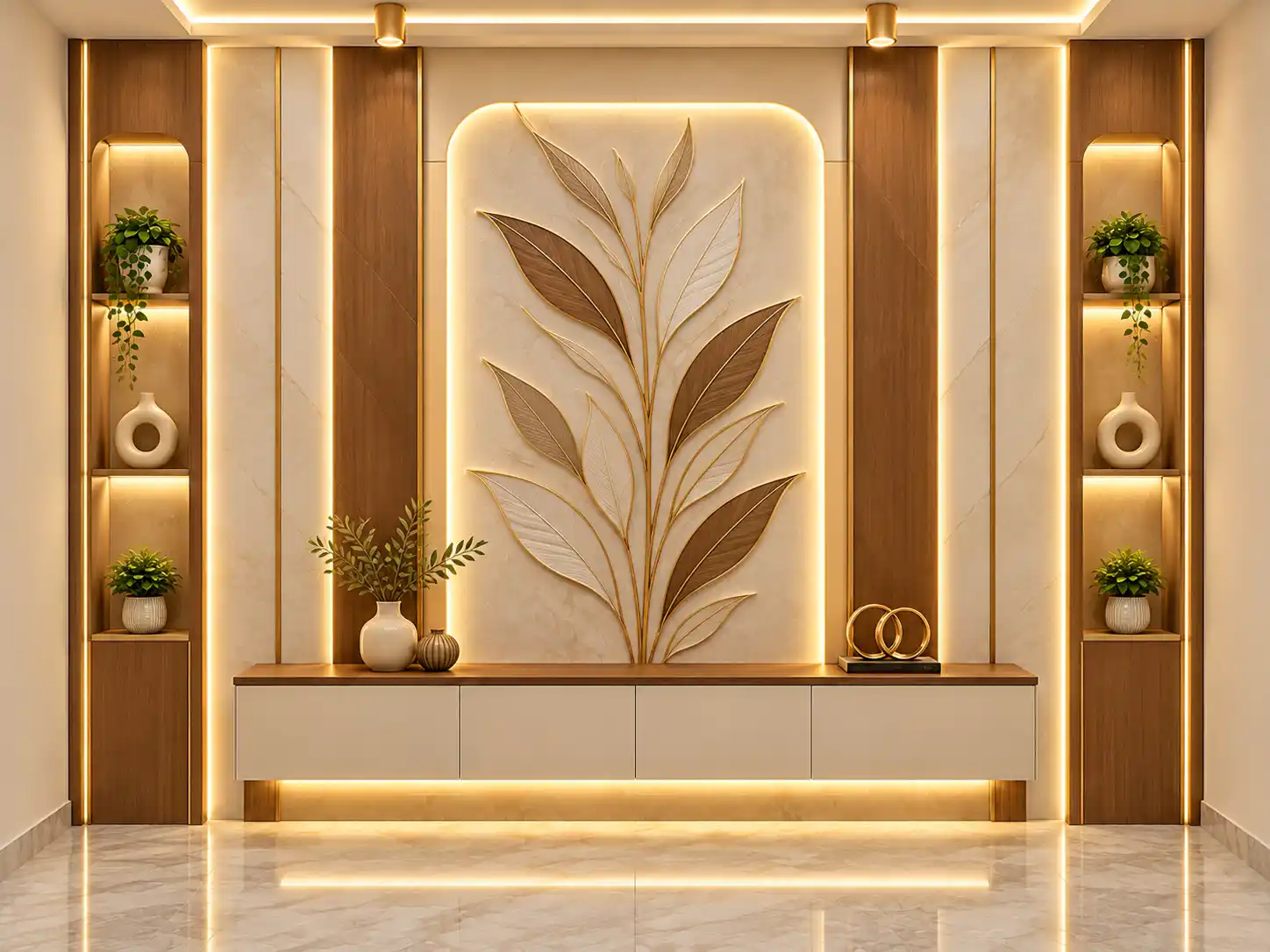 Warm wood-effect wall panels with a backlit leaf feature
