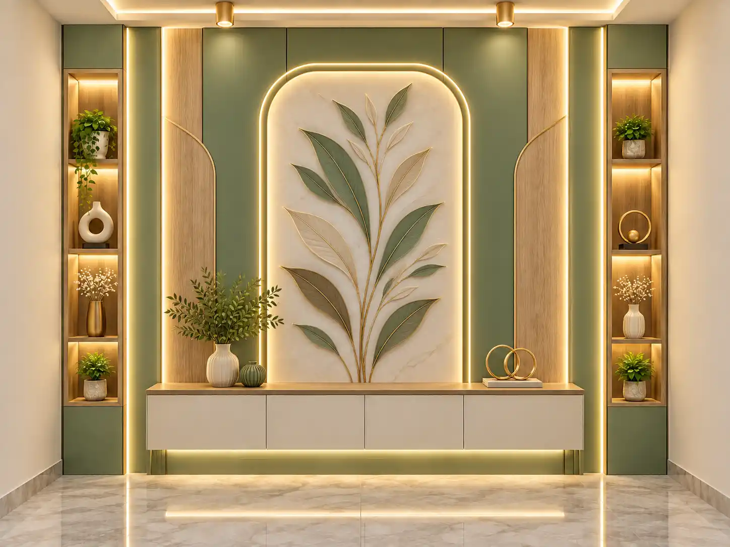 Green and wood-effect wall panels with a backlit centre feature