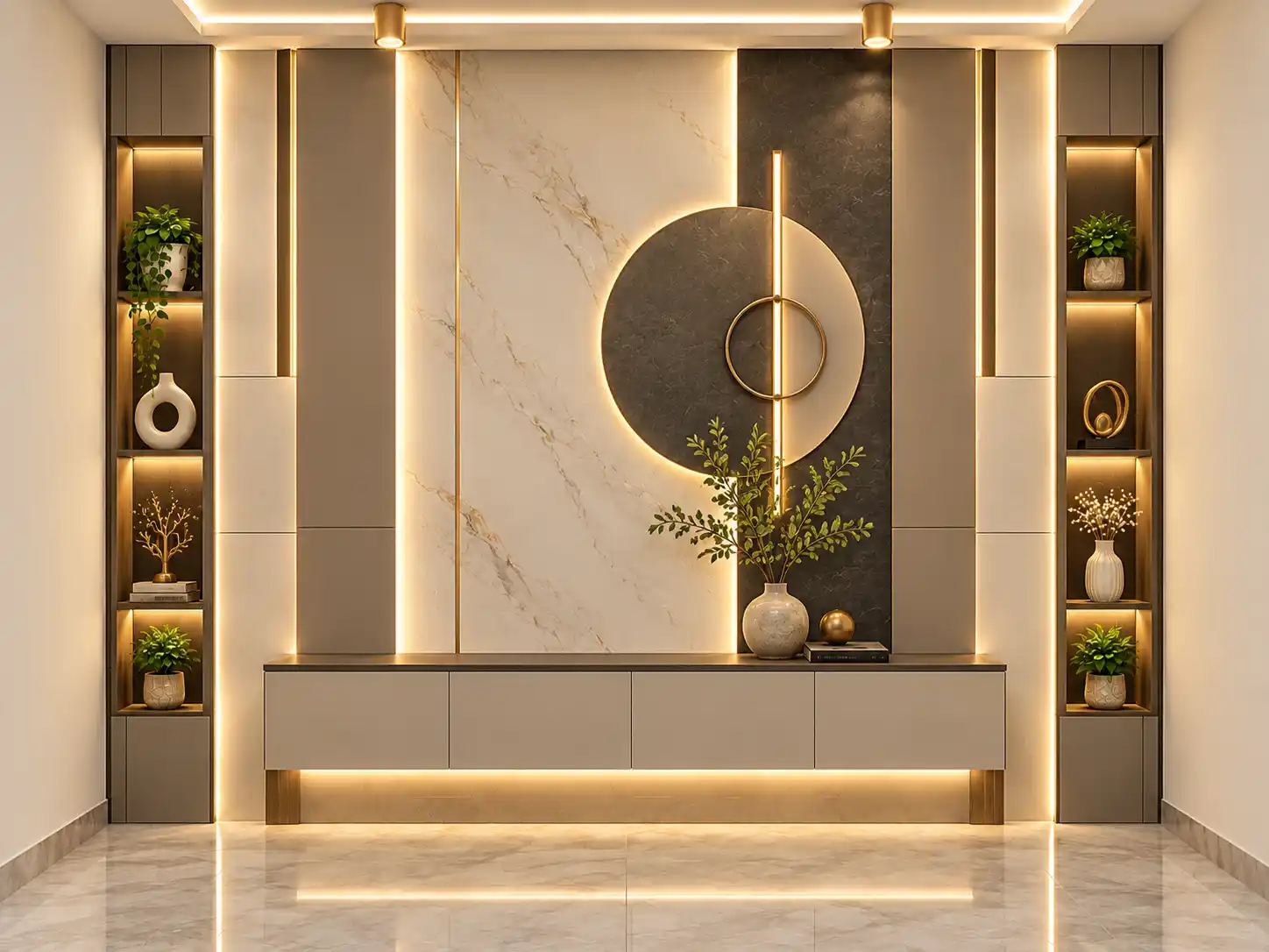 Marble-effect wall panels with geometric backlit detailing