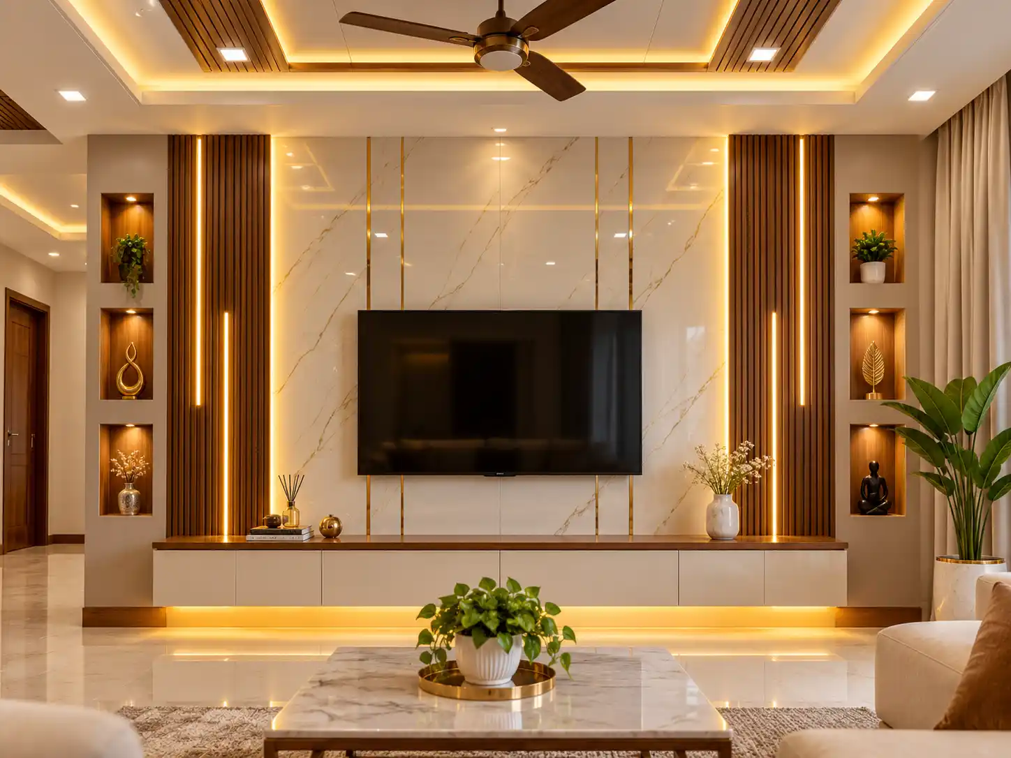 Living room with PVC wall panels, a marble-effect TV wall, and warm lighting