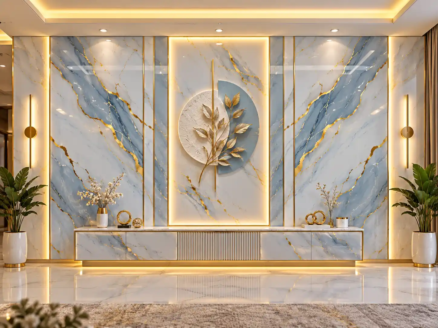 Light blue marble-effect wall panels with gold veining and warm lighting