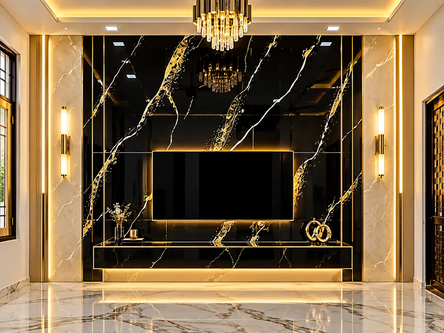 Black marble-effect TV wall with gold veining and warm lighting