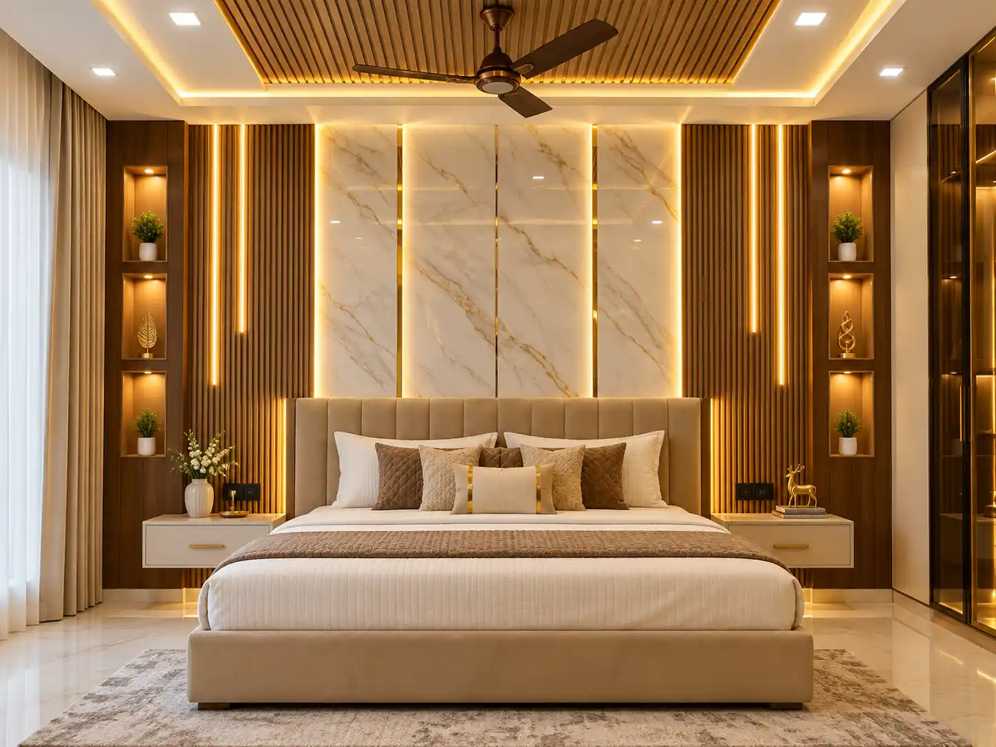 Bedroom with UV marble-effect wall sheets and warm lighting